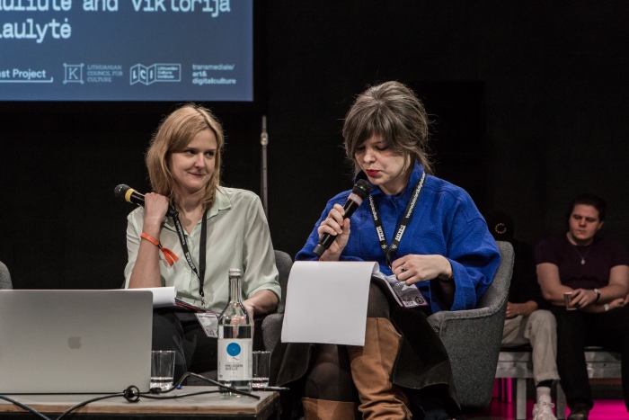 Viktorija Šiaulytė and Marta Dauliūtė during the discussion How to Disrupt Yourself: Life in the Entrepreneurial Home at transmediale 2019