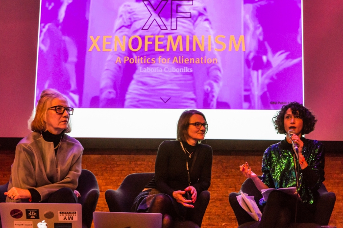 Cornelia Sollfrank, Yvonne Volkart, and Isabel de Sena (left to right) during the book presentation The Beautiful Warriors. Techno-Feminist Practice in the 21st Century 