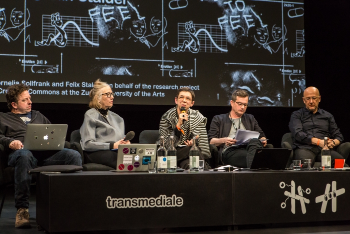 Jeremy Gilbert, Cornelia Sollfrank, Laurence Rassel, Felix Stalder, and Gary Hall (left to right) during the panel Creating Commons: Affects, Collectives, Aesthetics