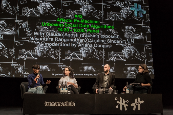 Nayantara Ranganathan, Caroline Sinders, Claudio Agosti (tracking.exposed), and Ariana Dongus (left to right) during the panel Affects Ex-Machina: Unboxing Social Data Algorithms