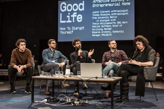 Travis Hollingsworth, Patrick Hoffmann, Edoardo Archetti, Thomas Stodulka, and Judith Albrecht (left to right) during the discussion How to Disrupt Yourself: Life in the Entrepreneurial Home